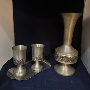 Set Of 4 Mid Centuryg Selandia Norway Pewter goblets and decanter/ vase